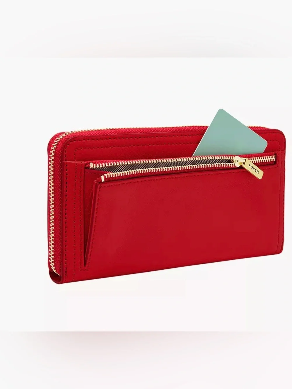 Fossil Logan Red Leather and Suede Zip-Around Clutch Wallet
